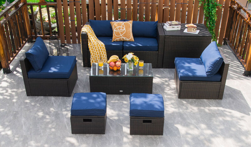 8-Piece Patio Rattan Furniture Set with Storage Box and Waterproof Cover, Outdoor Set