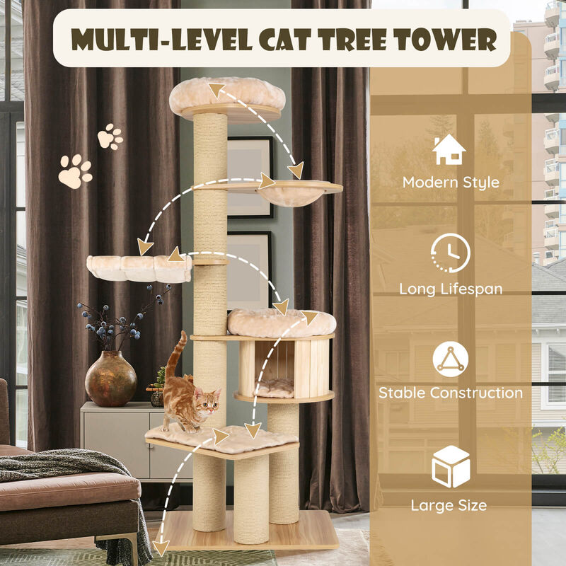Modern Tall Cat Tree Tower with Scratch Posts and Washable Mats-Beige image number 5