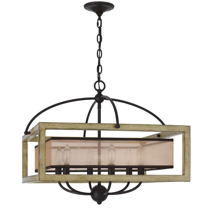 Acia 24 Inch Chandelier, Square Organza Shade, Wood, Metal  - Benzara