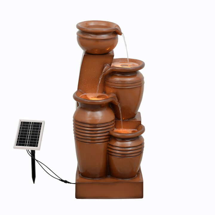 4-Tier Outdoor Solar Water Fountain with LED, Terracotta