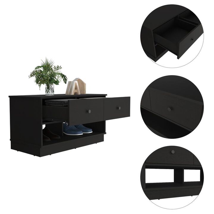 DEPOT E-SHOP Uranus Storage Bench-Two Drawers, Two Open Shelves-Black, For Bedroom