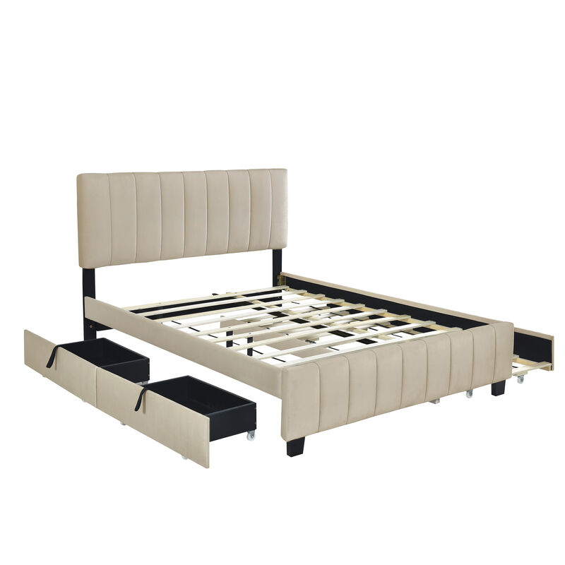 Merax Velvet Platform Bed Frame with  Drawers and Trundle