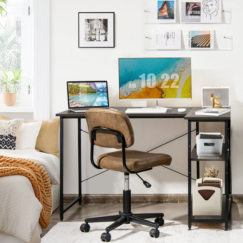 Costway 48'' Reversible L Shaped Computer Desk Home Office Table Adjustable Shelf Brown