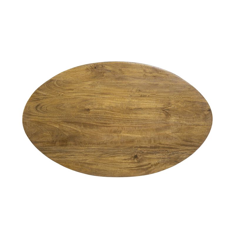 Benjara 39 Inch Coffee Table, Oval Mango Wood Top, Angled Iron Legs, Rustic, Brown and Gold