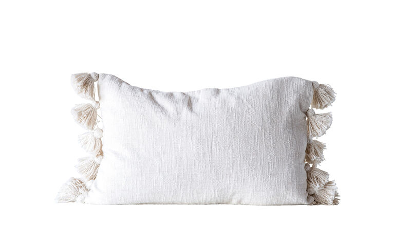 Woven Cotton Slub Lumbar Pillow with Tassels, Cream image number 0