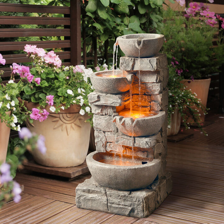 Cascading Bowls & Stacked Stones LED Outdoor Water Fountain