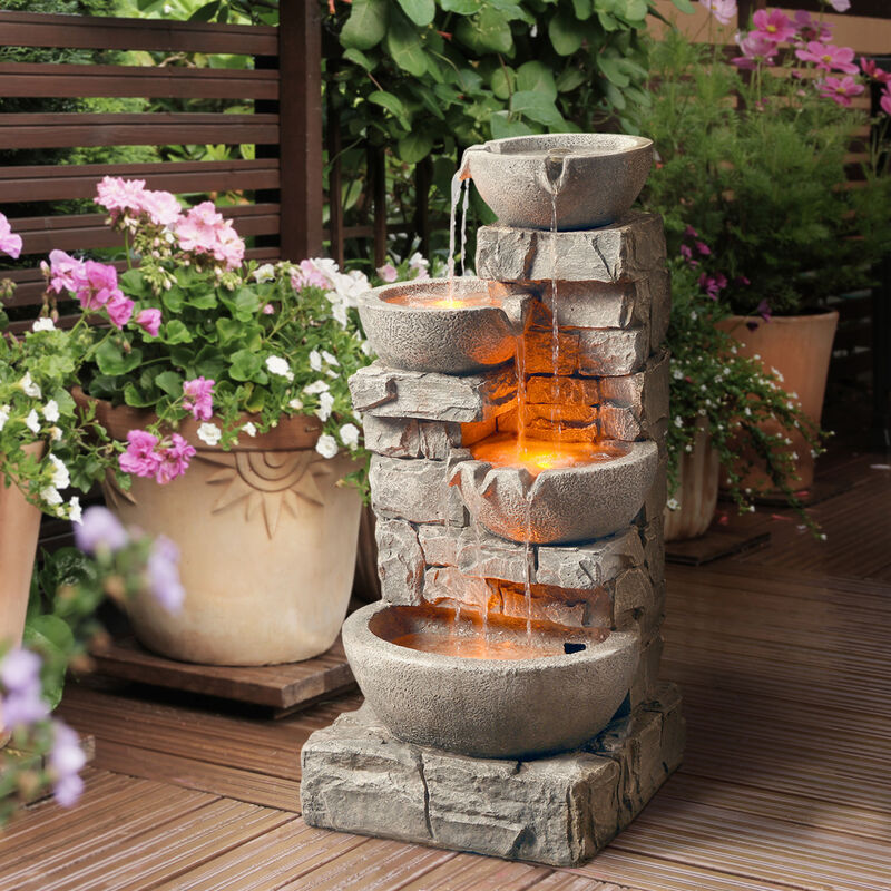 Cascading Bowls & Stacked Stones LED Outdoor Water Fountain image number 1