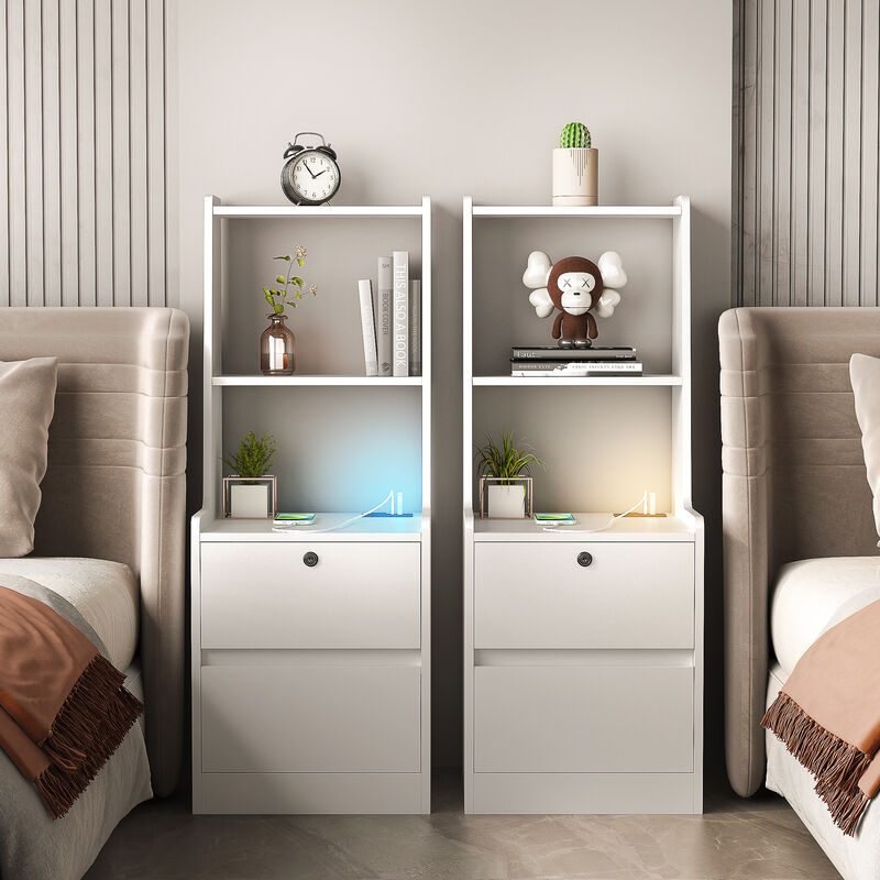 Set of 2 Assembled Nightstands with Charging Station Voice Light USB Lock image number 1