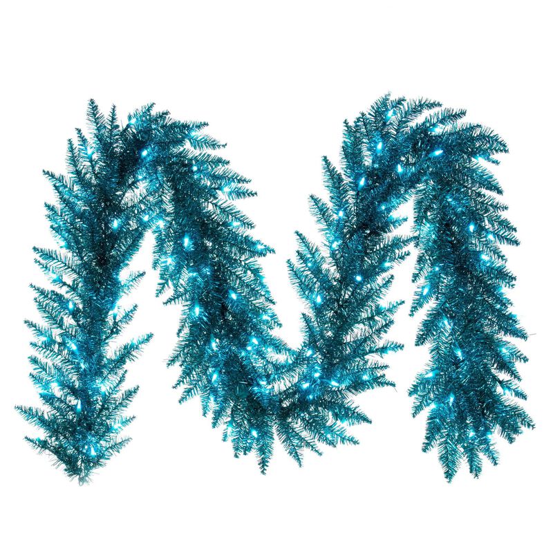 Vickerman 9' x 14" Aqua Tinsel Artificial Pre-Lit Garland with 100 Aqua LED Mini Lights image number 0