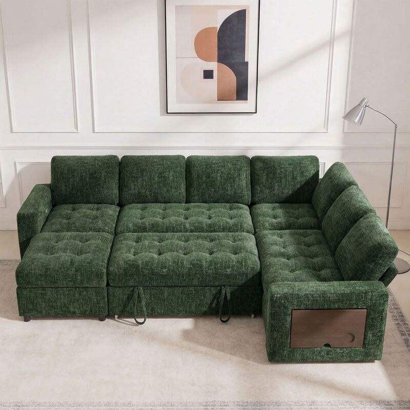 102" L-Shaped Chenille Modular Sectional Sleeper Sofa with Pullout Bed, Reclining Backrest, USB image number 8