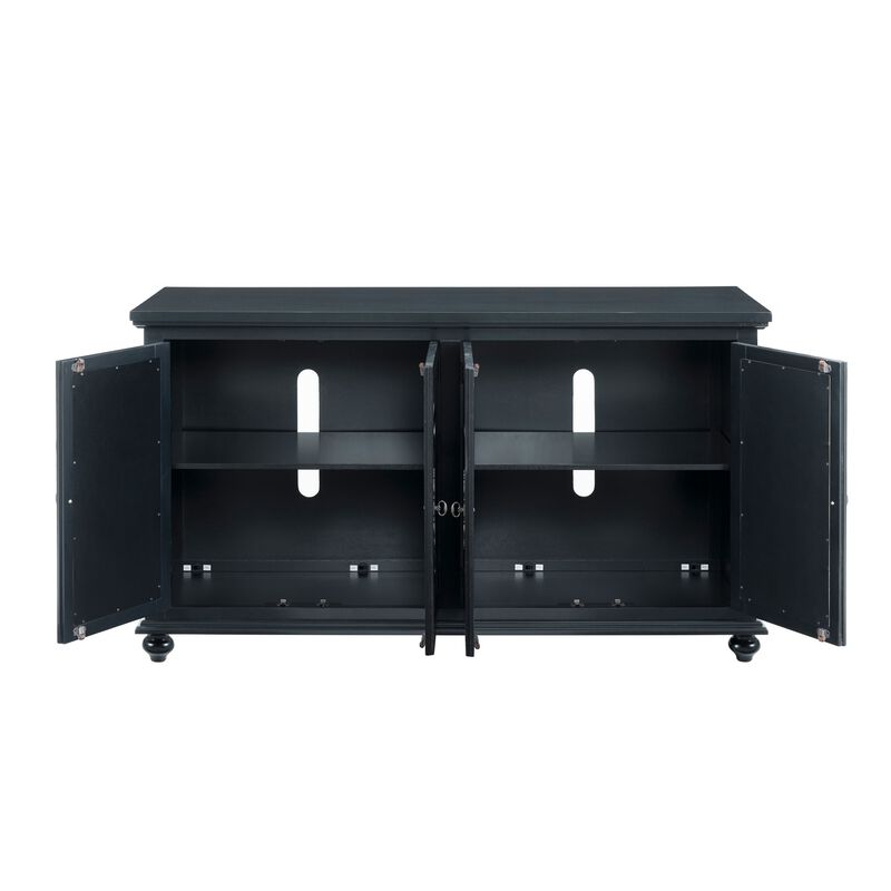 Trellis Front Wood and Glass TV stand with Cabinet Storage, Black-Benzara