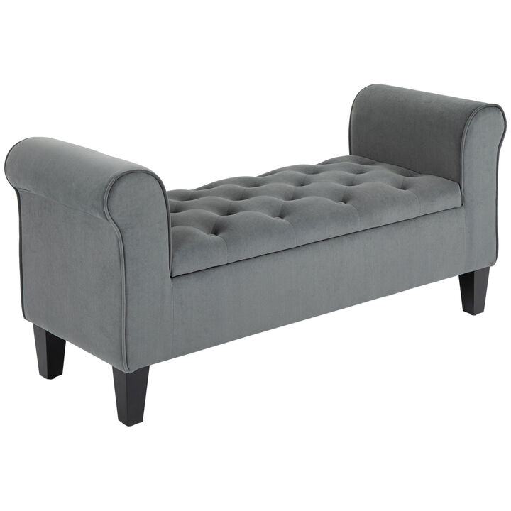 HOMCOM Button-Tufted Storage Ottoman Bench, Upholstered Bench with Rolled Armrests for Living Room or Hallway, Gray