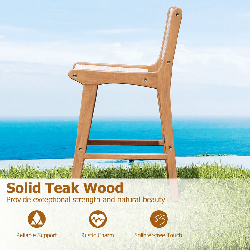 Patio Barstool Counter Height with Teak Wood Frame and Woven Rope Seat-Natural image number 5