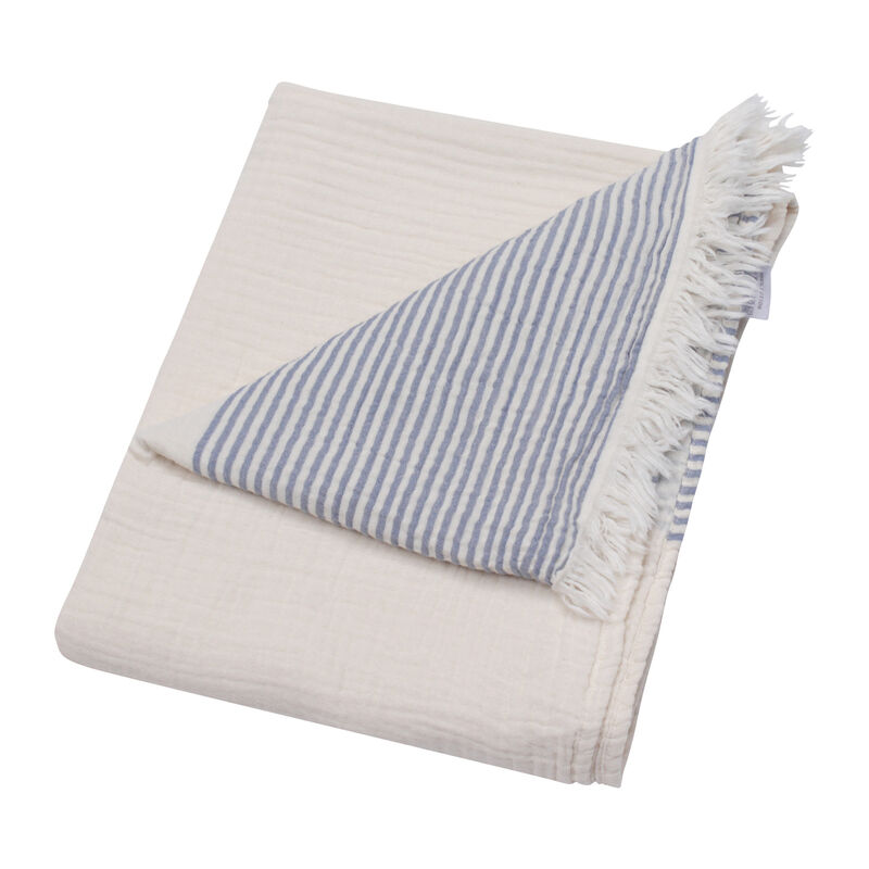 HomeRoots 47" X 60" Blue and Ivory Cotton Woven Striped Throw Blanket with Fringe image number 2
