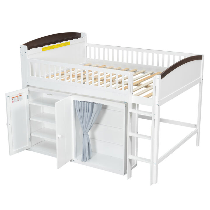 Merax Loft Bed with Storage Cabinet, Curtain Wardrobe & LED Headboard
