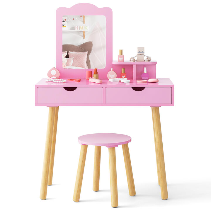 Kid Vanity Table Chair Set with Mirror and 2 Large Storage Drawers-Pink