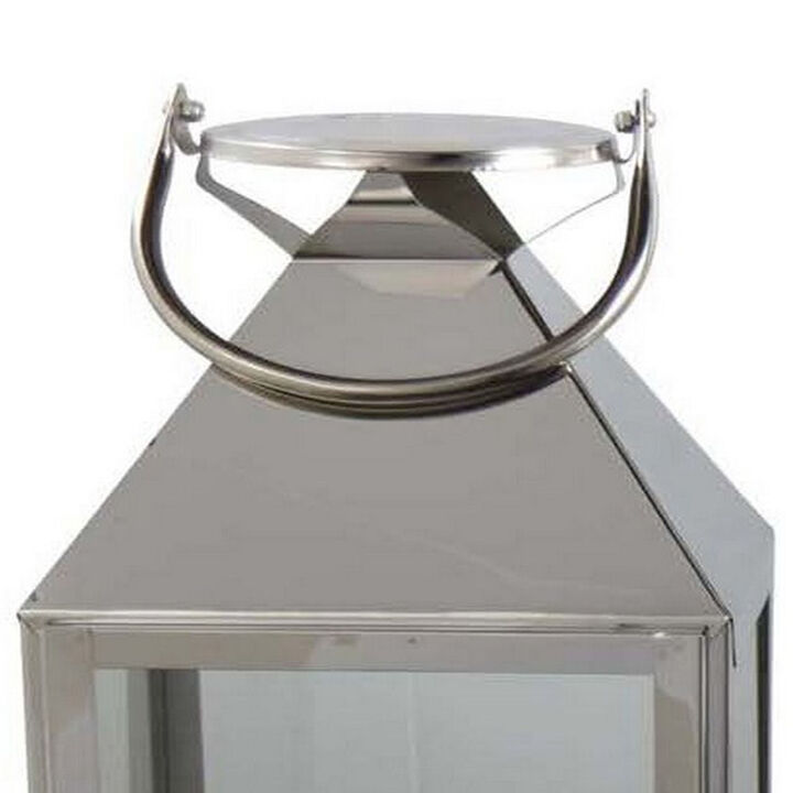 Davi Set of 3 Decorative Lanterns, Curved Handles, Glass Panel Silver Metal - Benzara