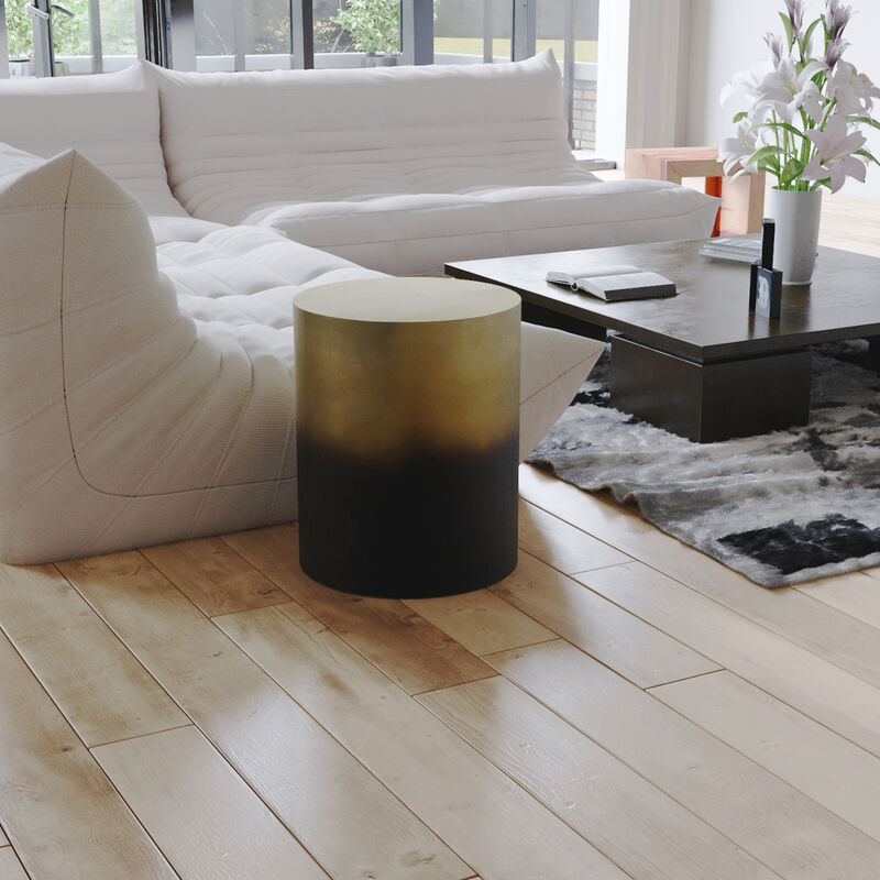 Dyan 20 Inch Side End Table, Round Drum Shape, Black, Gold Antique Brass Ombre