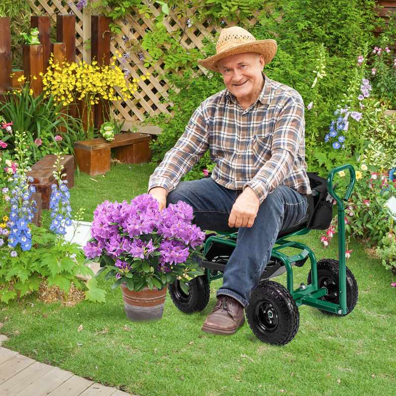 Cushioned Rolling Garden Cart Scooter with Storage Basket and Tool Pouch