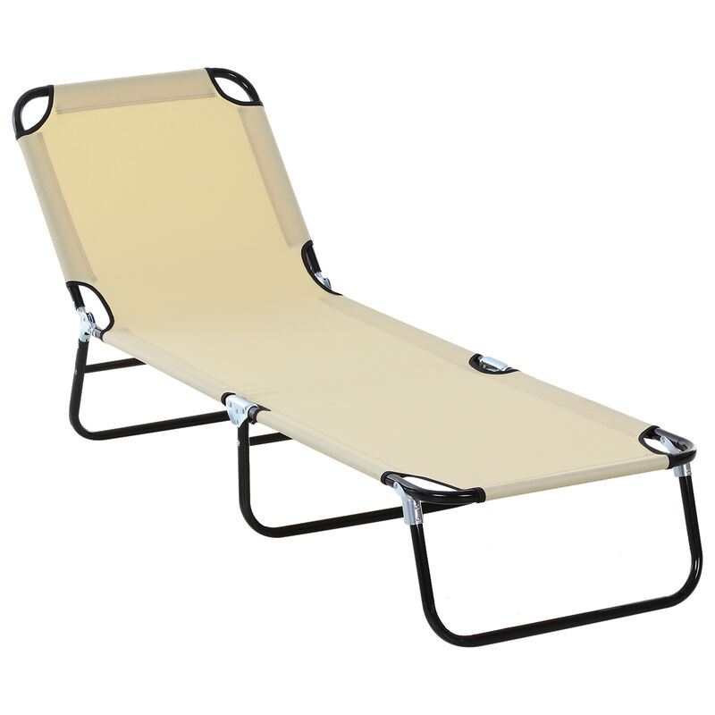 Outsunny Folding Chaise Lounge Pool Chair, Outdoor Sun Tanning Chair with Pillow, 5-Level Reclining Back, Steel Frame & Breathable Mesh for Beach, Yard, Patio, Beige