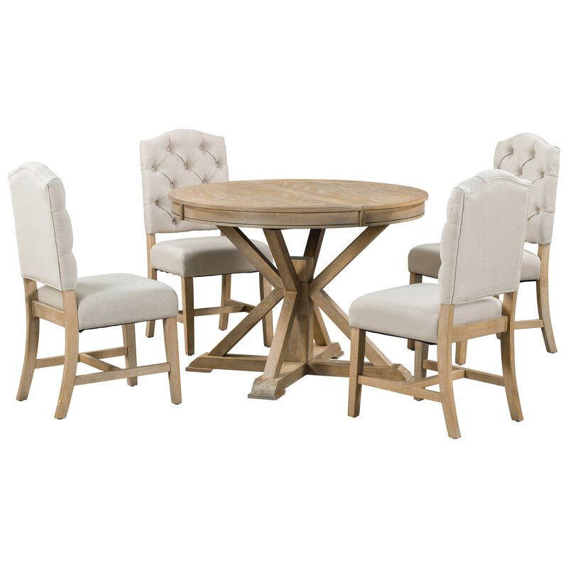 Whisen Retro Style Dining Table Set with Extendable Table and 4 Upholstered Chairs - Off-white