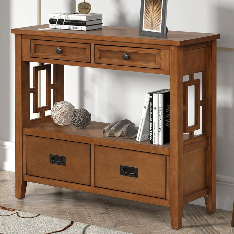 GOODSILO Farmhouse Pine Wood Console Table Entry Sofa Table with 4 Drawers and Storage Shelf image number 3