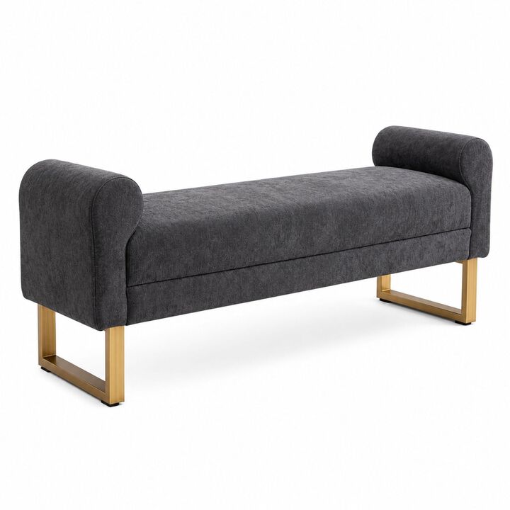 Envelor 65 in. Chenille Upholstered Ottoman Bench with Arms and Gold Legs