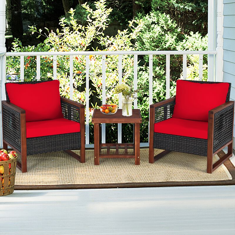 3 Pieces Patio Wicker Furniture Set with Washable Cushion and Acacia Wood Coffee Table image number 2