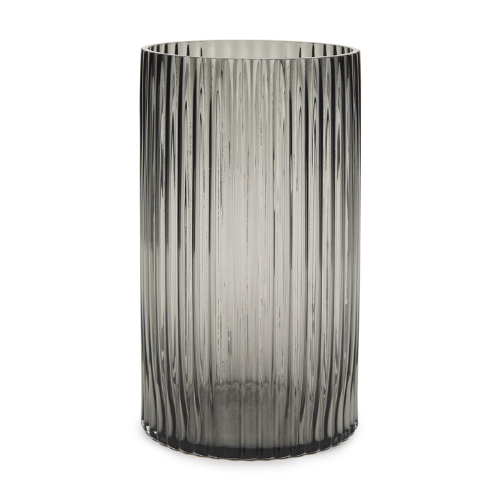 HomeRoots 11" Black Cylinder Ribbed Glass Table Vase