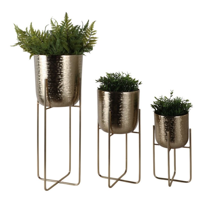 S/3 15/20/27" Etched Metal Planter On Stand, Gold image number 1