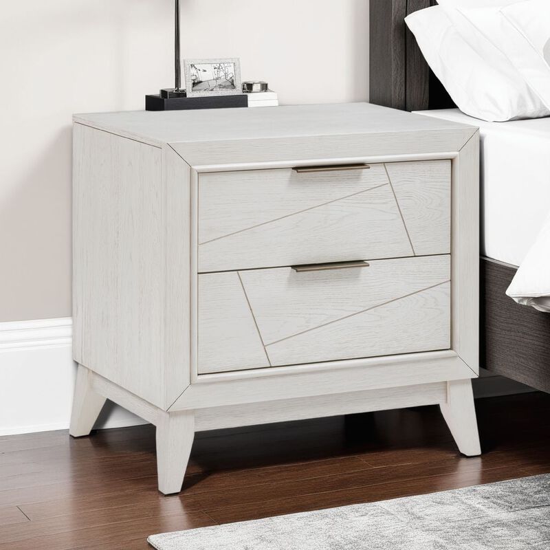 Zine Nightstand, 2 Drawers, Antique White Oak Wood, Flat Black Handles - Benzara