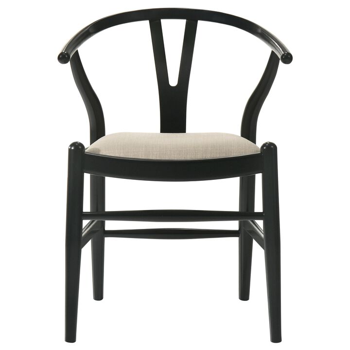 Ellie Wishbone Dining Chair Set of 2, Beige Fabric, Black Hardwood - Benzara