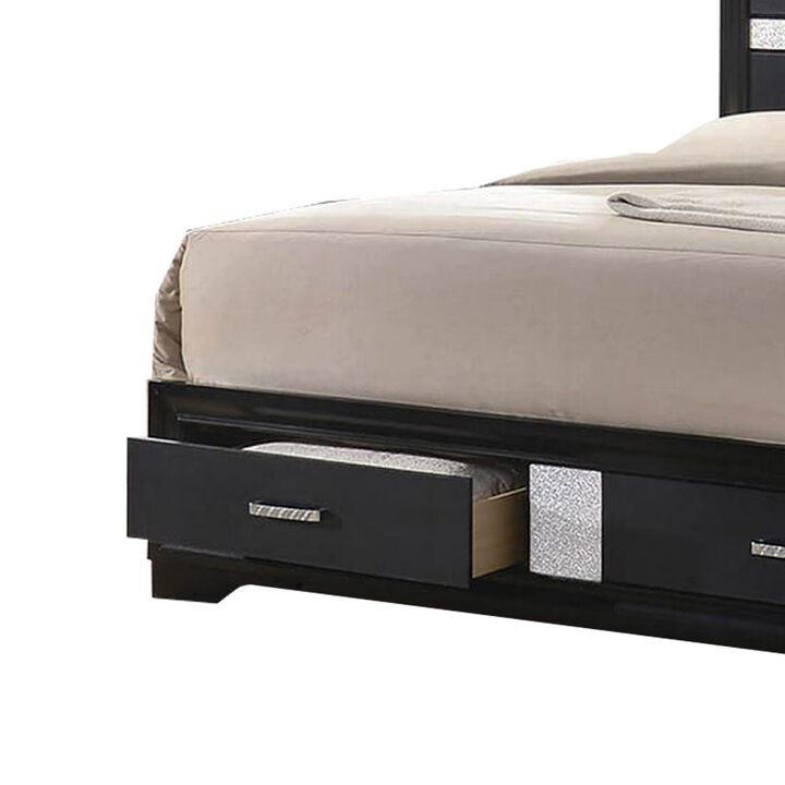Wooden California King Size Bed with 2 Storage Drawers, Black and Silver-Benzara