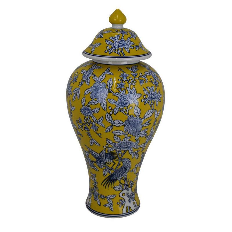 Chris Decorative Jar, Yellow Bird and Floral, Blue Ceramic 20 Inch - Benzara