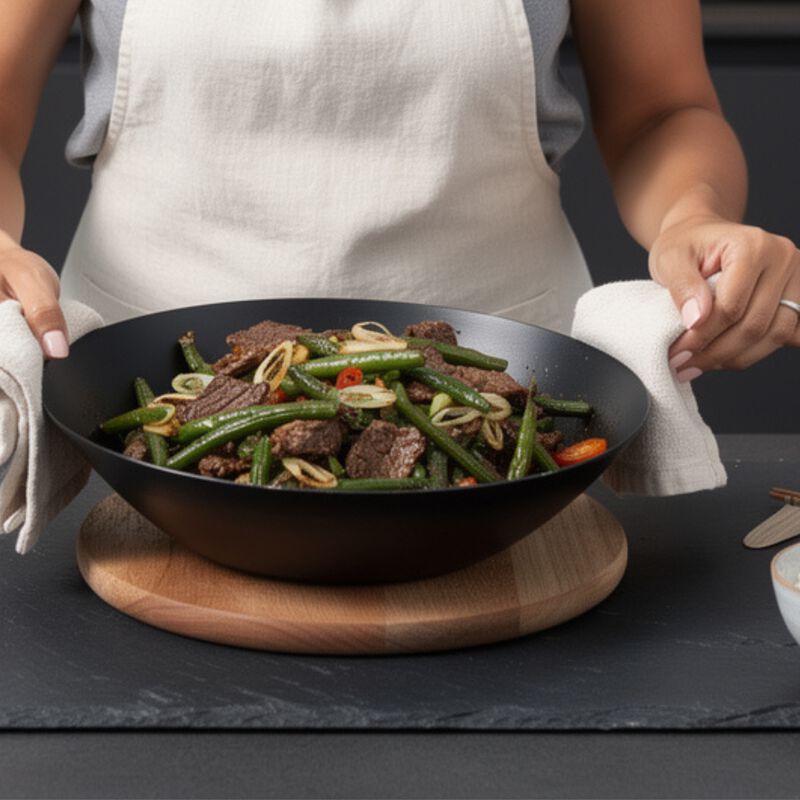Alva Forest Naturally Nonstick Carbon Steel Wok Pan 12" - Acacia Wood Handle, Pre-Seasoned and Made without PFAS, PFOA & PTFE - Induction and All Stovetop Compatible with Even Heat Distribution image number 4