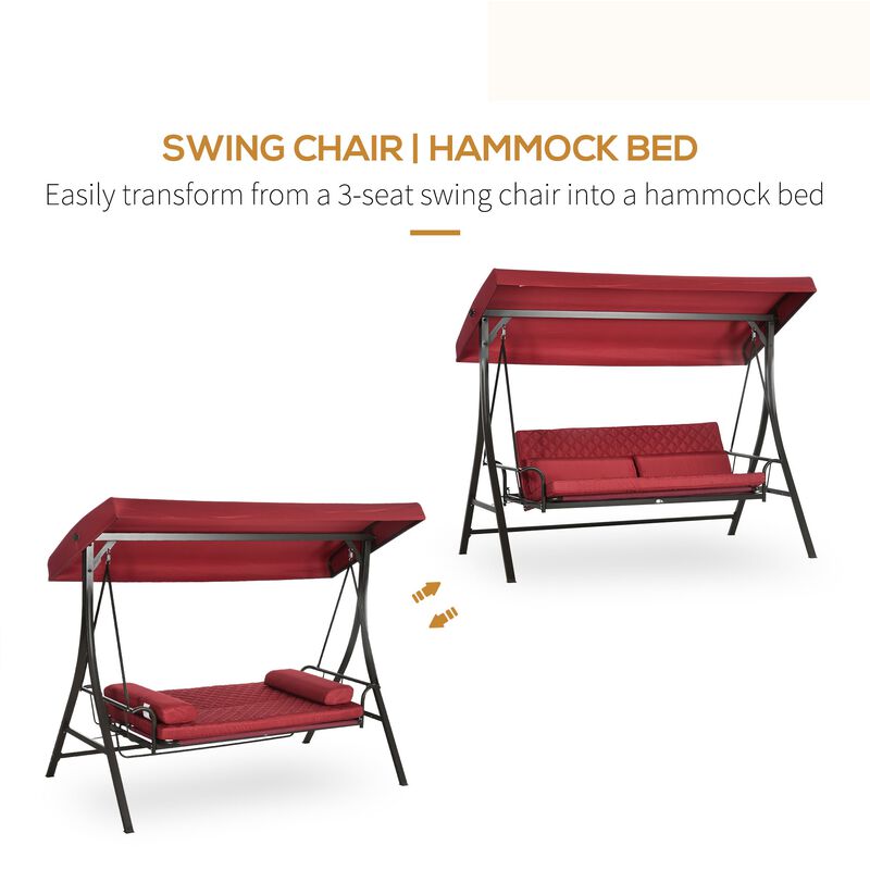 3 Person Porch Swing Bed, Outdoor Patio Swing Chair Bench Hammock with Adjustable Canopy, Cushions, Pillows, Red