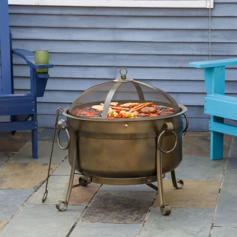 Hivvago Outdoor Wood Burning Fire Pit Cauldron Style Steel Bowl w/ BBQ Grill, Log Poker, and Mesh Screen Lid