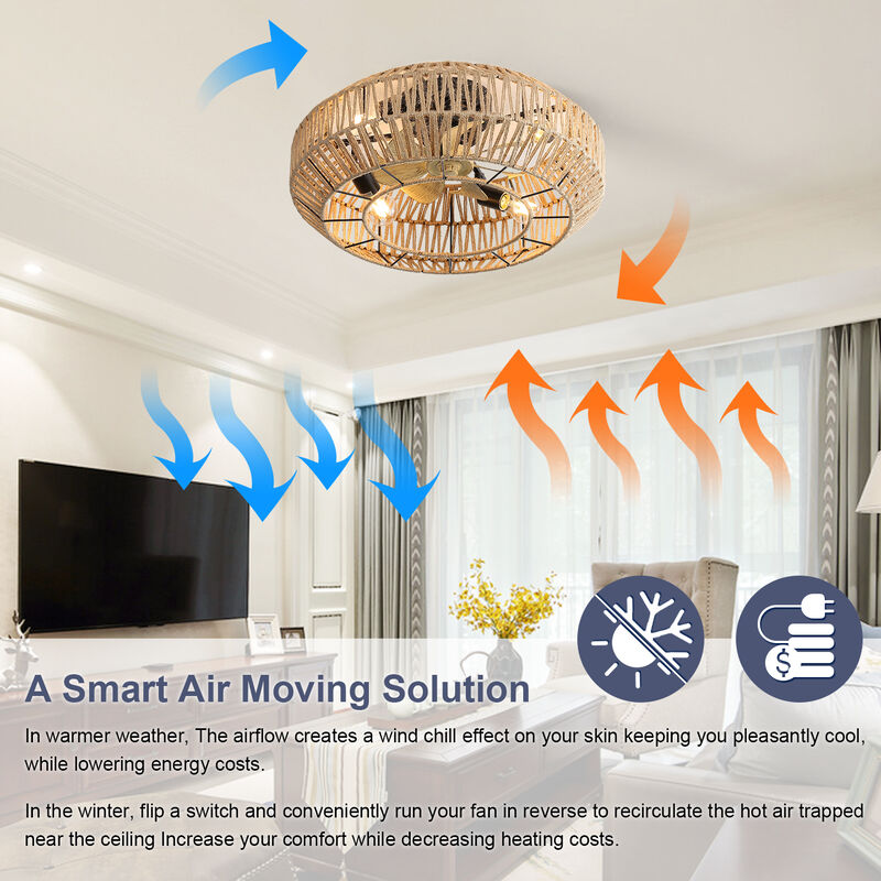 22 Inch Boho Caged Ceiling Fan With Enclosed Rattan 6 Speeds Remote Control Reversible DC Motor image number 4