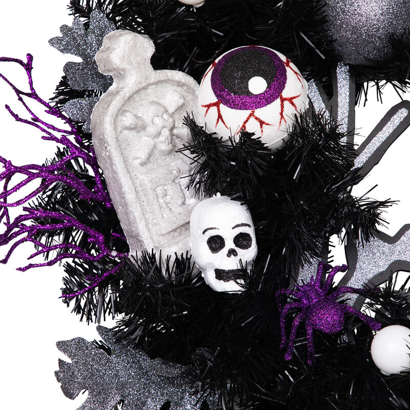 Purple and Black Spooky Skeleton Pine Halloween Wreath  24-Inch  Unlit image number 4