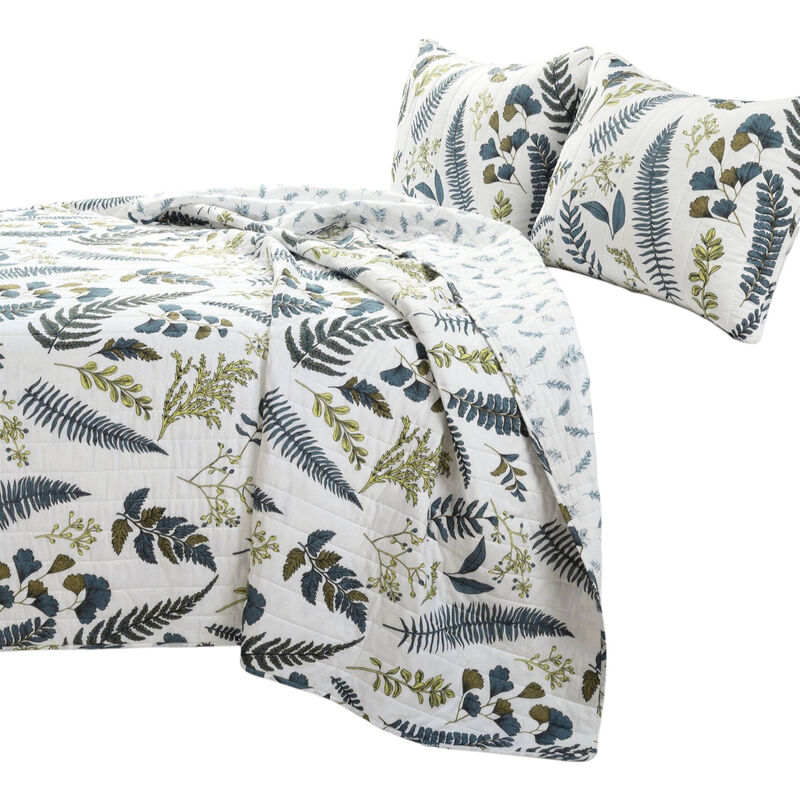 Reversible Cotton Lightweight Floral Fern Leaves 3 Piece Quilt Set