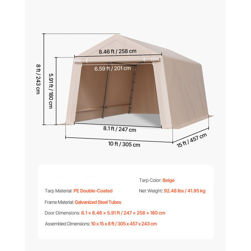 Heavy Duty Outdoor Storage Tent with Roll-Up Door, Waterproof Garage Shelter for Patio & Garden-Beige image number 2