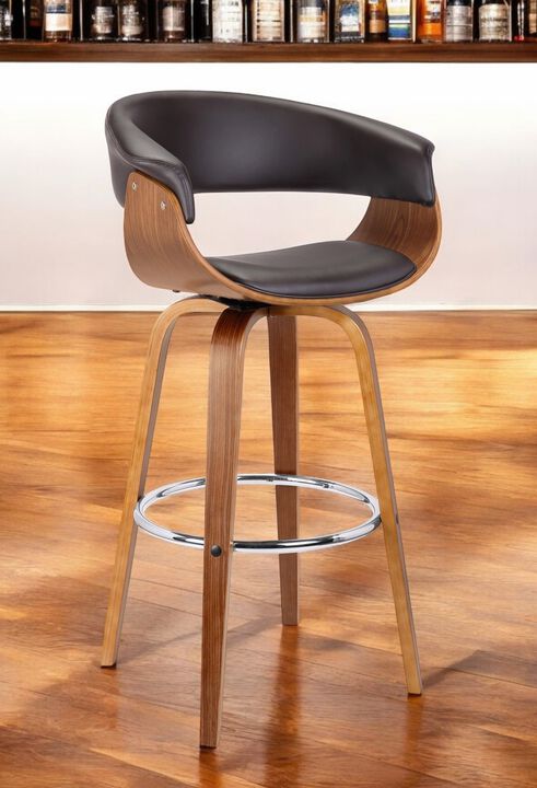 HomeRoots 31" Brown Faux Leather And Solid Wood Swivel Low Back Bar Height Bar Chair