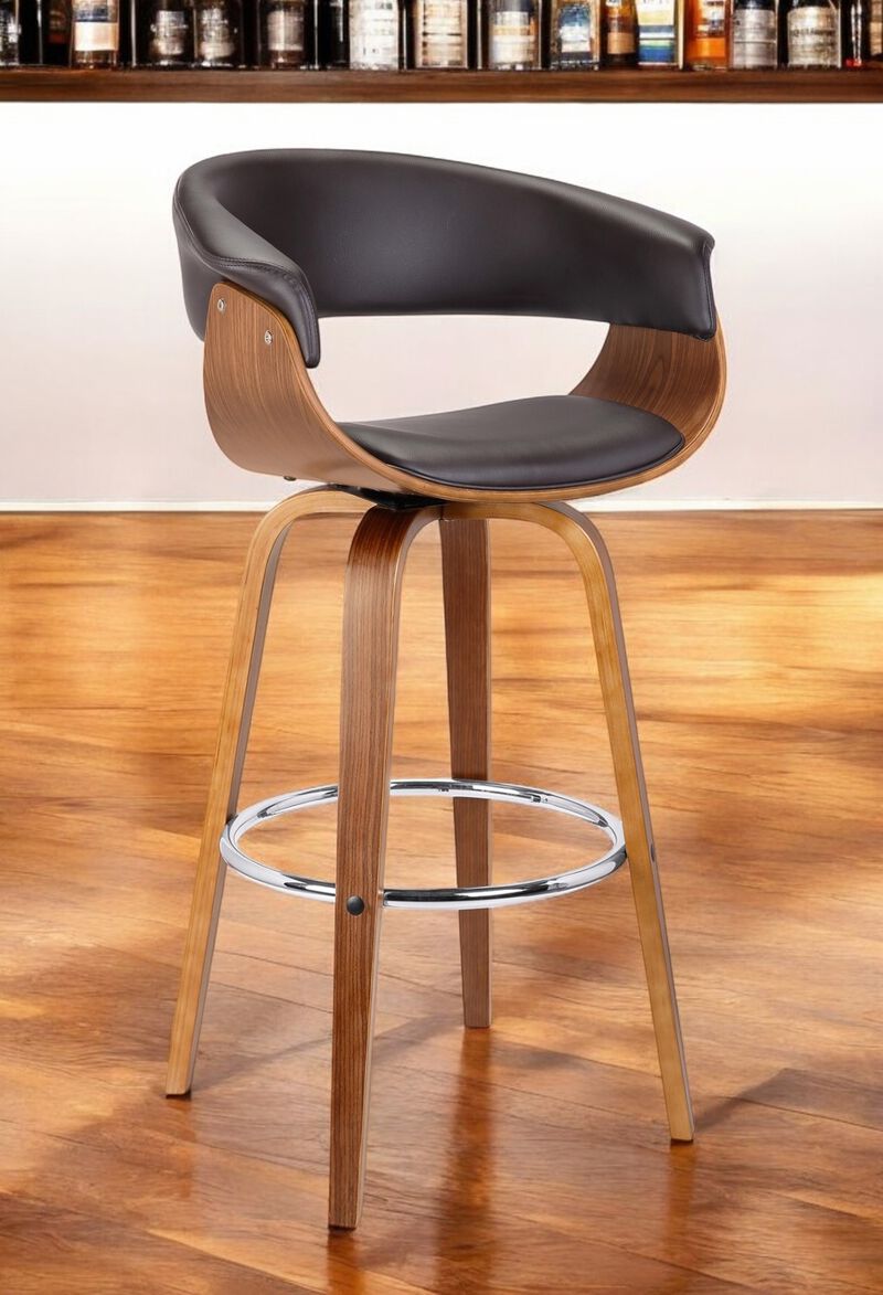 HomeRoots 31" Brown Faux Leather And Solid Wood Swivel Low Back Bar Height Bar Chair image number 1