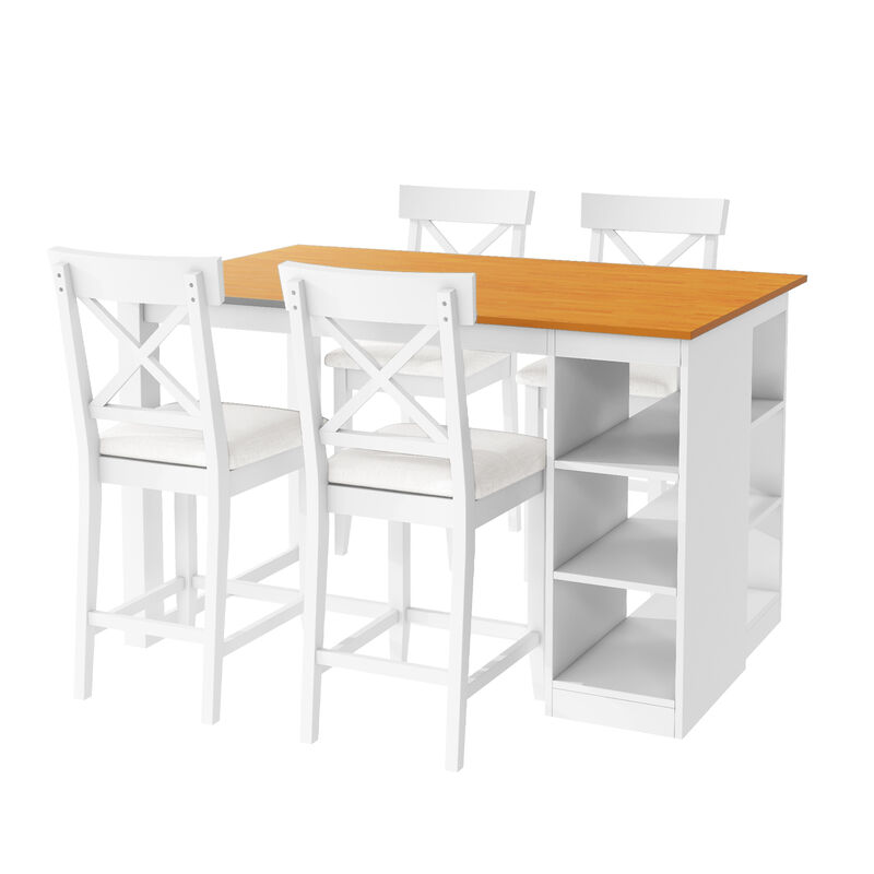 Merax Solid Wood Farmhouse Counter Height Dining Table Set with 3-Tier Storage Shelves