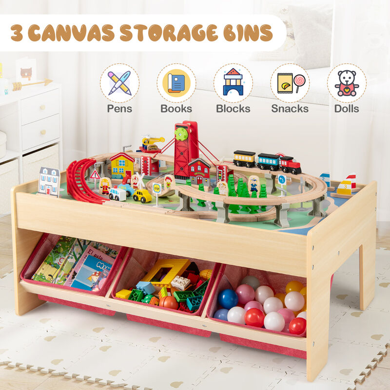 Wooden Kids Train Set Activity Table with 2 Reversible Table Tops-Natural image number 5