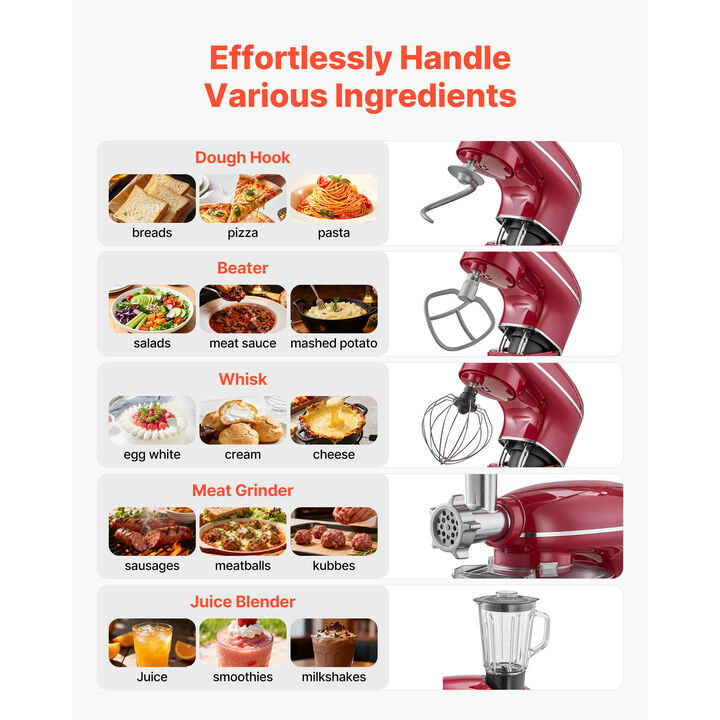 VEVOR Stand Mixer, 6 QT Electric Kitchen Mixer, 660W Dough-Mixer, 6+P Speeds Tilt-head Food-Mixer with 1.6 QT Blender Cup, Stainless SteelBowl, Dough Hook, Whisk, Beater, for Baking, Mixing, Red