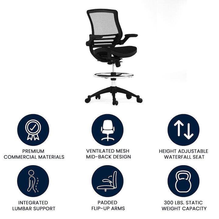 Flash Furniture Mid-Back Transparent Black Mesh Drafting Chair with Black Frame and Flip-Up Arms