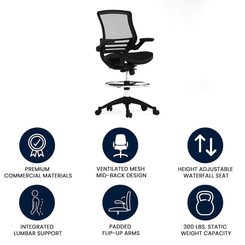 Flash Furniture Mid-Back Transparent Black Mesh Drafting Chair with Black Frame and Flip-Up Arms image number 1