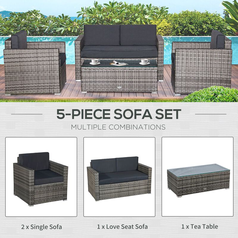 4-Piece Rattan Wicker Furniture Set, Outdoor Cushioned Conversation Furniture with 2 Chairs, Loveseat, and Glass Coffee Table, Grey image number 5