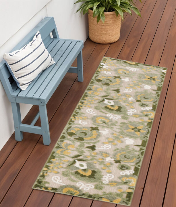 HomeRoots 6' Ivory And Green Floral Indoor Outdoor Runner Rug